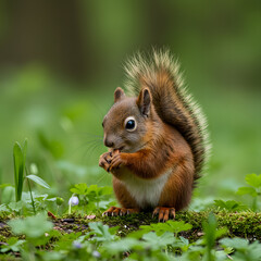 Cute red squirrel, Sciurus vulgaris, eating a nut in a green spring forest with copy space. Lovely wild animal with long ears and fluffy tail feeding in ...