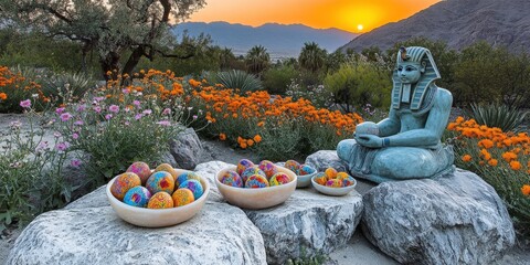 Serene Mountain Sunset with Meditation Statue and Colorful Fruit Bowls in Vibrant Garden Oasis Tranquility Nature Landscape Photography Artistic Decor
