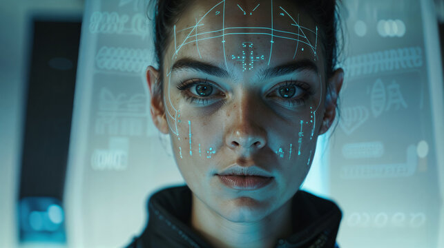 Close-up of woman face with glowing blue technological interface overlay, biometric scanning grid and data points suggesting artificial intelligence. - Powered by Adobe