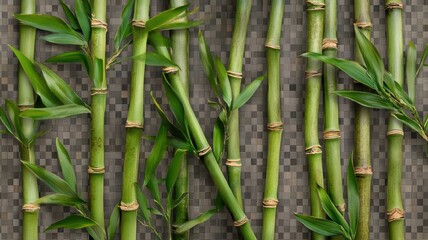 Obraz premium Green Bamboo Stems with Leaves on Textured Dark Background