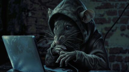 Rat or mouse wearing hoodie using laptop in dark environment, symbolizing underground hacking culture and cyber espionage with surreal artistic approach. 