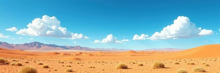 Fototapeta premium Desert landscape with sparse clouds against blue background, landscape, horizon