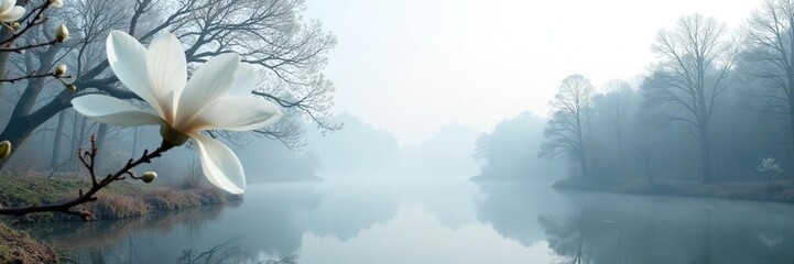 Fototapeta premium Foggy forest scene with white magnolia isolated on a crisp white background, serene landscape, forest, solitude