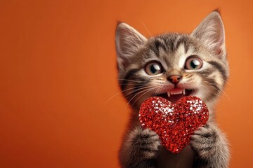 Naklejka premium Ad visual idea art. Cute manx baby feline with sparkling rhinestones red heart - sign of love, funny greeting card. Manx - my treasured cat. Valentine's cat print. Love pet theme. Cute pet.