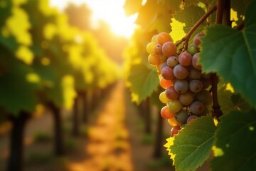 Fototapeta premium Golden sunlight filtering through grapevine leaves, rustic, filter, earthy
