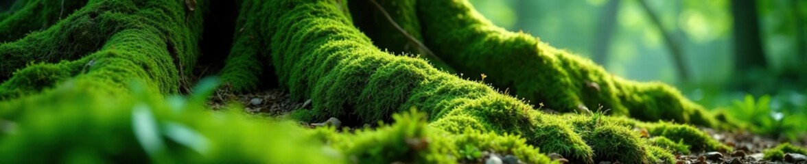 Soft green moss carpet under ancient tree roots, forest floor, verdant