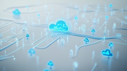 Digital Cloud Network with Connecting Lines and Icons in Blue
