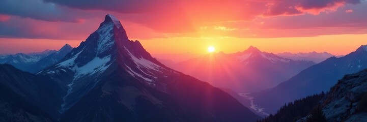 Obraz premium Sunrise light illuminates mountain summit from nearby peak, sky, dawn, horizon