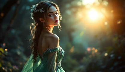 Enchanting Glimpse, Emerald Gown, Forest Majesty, Timeless Beauty