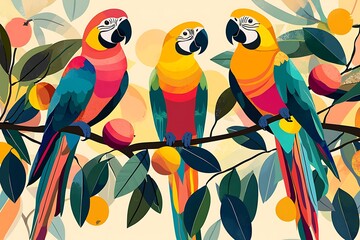 Illustrated poster colorful parrots on geometric branches with abstract fruit shapes, minimalist Swiss design