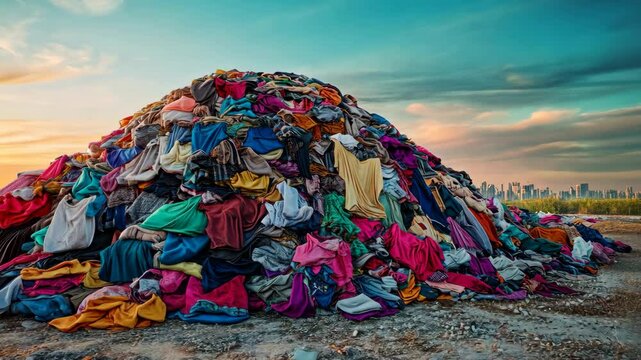 A large pile of colorful , fabrics, and items on the ground in front of an industrial metropolis with a blue sky, showcasing an environmental pollution concept. 