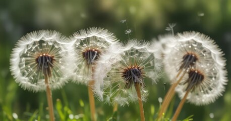 Obraz premium Dandelion seeds in soft focus against a blurred background , nature, garden, botanicals