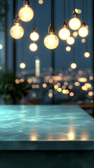 Night city view, marble table, lights