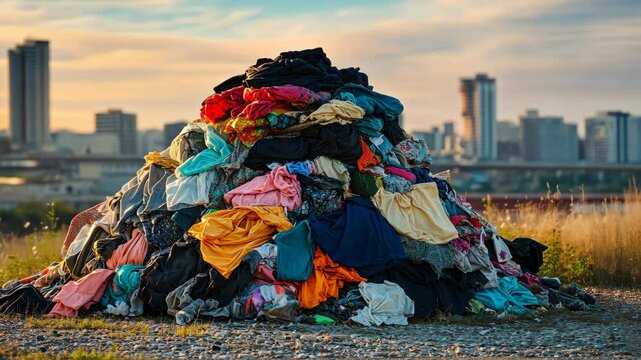 A large pile of colorful , fabrics, and items on the ground in front of an industrial metropolis with a blue sky, showcasing an environmental pollution concept. 