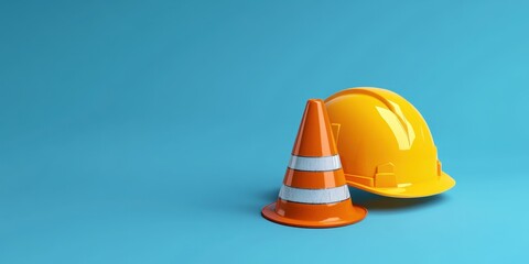 Fototapeta premium Construction Safety Gear: Hard Hat and Traffic Cone on Blue Background