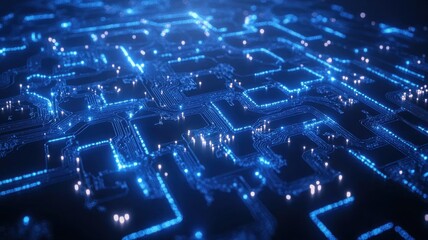 Abstract Close-up of Glowing Circuit Board with Blue Illumination