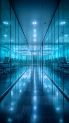 Glass corridor, office reflection, modern building, futuristic interior, business