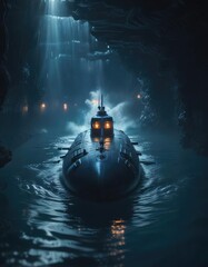 Dark blue submarine gliding through the water, waves, ocean