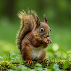 Obraz premium Brown Squirrel Eating on Mossy Ground in Green Forest