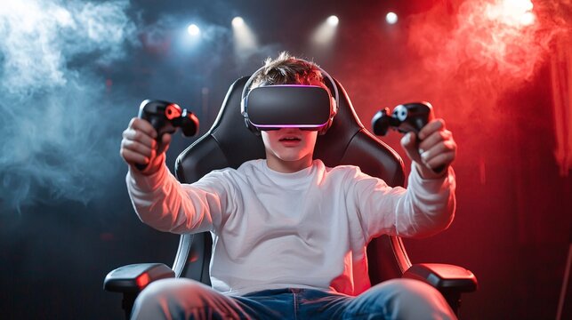 Child Engaged in Virtual Reality Experience with Gaming Accessories