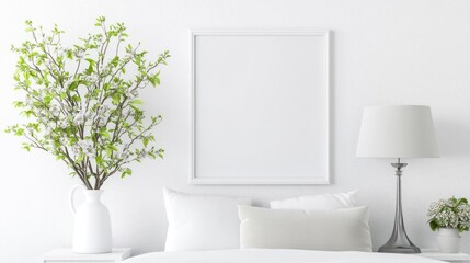White Bedroom Interior Mockup with Empty Frame