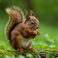 Obraz premium Red Squirrel Eating on Mossy Log in Forest
