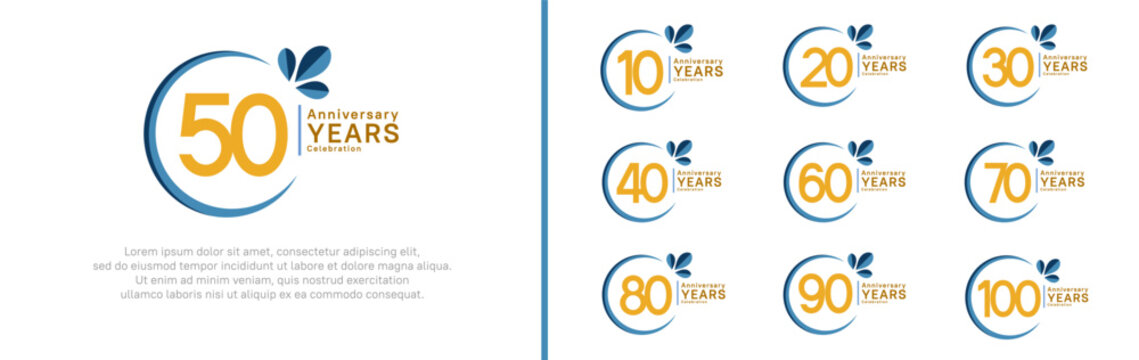 anniversary logotype set. vector design yellow color with blue ring and leaf for special moment