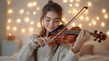 Fototapeta premium Young woman playing violin, eyes closed, smiling gently.