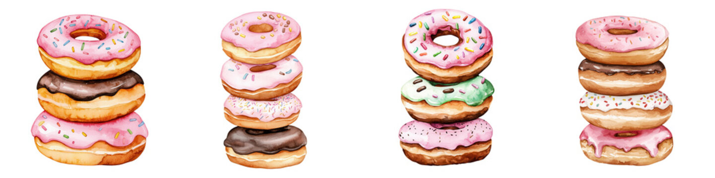 National doughnut day element, Delicious doughnut tower clipart for party celebrations, isolated on transparent background.