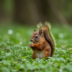 Obraz premium Squirrel Eating Nut in Green Grass Forest