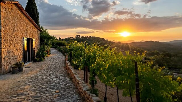 Vineyard with grapevines and stone path at sunset in summer, Mallorca, Spain