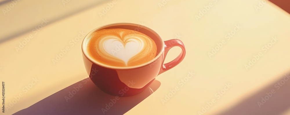 Wall mural Cup of cappuccino with heart latte art in morning sunlight, cozy coffee moment concept