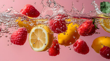 raspberries, strawberries, lemons and ginger falling into a yellow carbonated water, pink background with copy space 