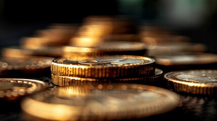 Close-Up Golden Coin Stack, Finance, Investment, Savings Concept. Macro Photo, Selective Focus.