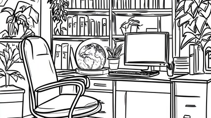 Home office drawing, bookshelves, plants, desk, computer