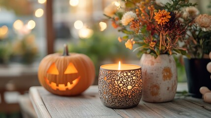 Obraz premium A Warm and Inviting Autumn Scene Featuring a Jack-o'-Lantern, a Beautifully Lit Candle, and Seasonal Flowers on a Rustic Tabletop During Halloween Celebrations
