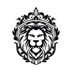 Lion head facing forward with crown biting door key icon inside shield with engraved logo design illustration