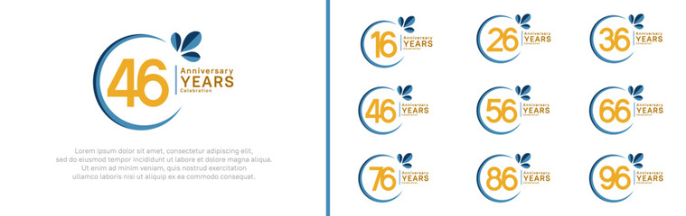 anniversary logotype set. vector design yellow color with blue ring and leaf for special moment