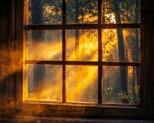 Sunlight streams through a wooden cabin window into a misty forest