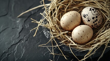 Fototapeta premium Three Quail Eggs in a Nest