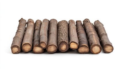 Stacked firewood logs on white background, for crafts or fireplace
