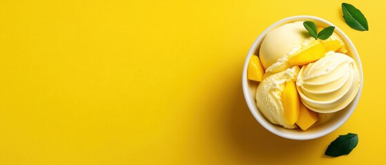 Fresh Mango Ice Cream with Scoop and Leaves on Bright Yellow Background