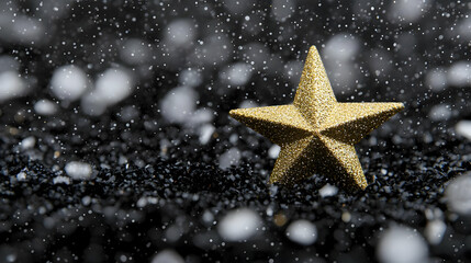Fototapeta premium Golden star, snow, dark background, winter holiday card