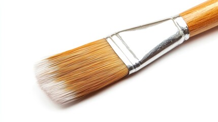 Fototapeta premium Flat paintbrush, wooden handle, white background, art supplies