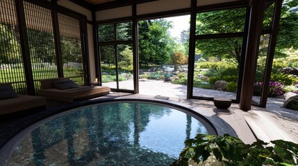 Fototapeta premium Serene indoor spa area with a tranquil view of a lush garden and water features outside