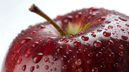 Close-up image of a ripe juicy red apple covered in dew drops. Dark red apple with water droplets on it, macro. Fresh organic fruit banner. Apple's background. Shiny fruit, healthy, nutrition 
