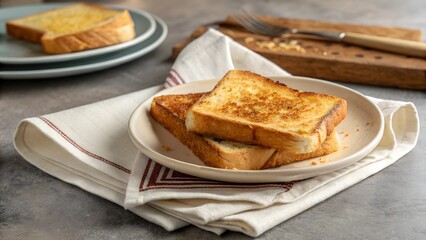 Appetizing toast on a napkin on a plate, ready to eat.
