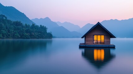 Fototapeta premium A serene lakeside cabin at dusk, reflecting on calm waters with surrounding mountains, creating a tranquil and picturesque landscape.