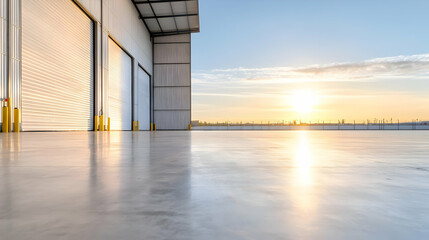Sunrise over warehouse loading dock; industrial building exterior