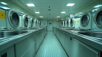 Industrial Laundry Room on a Cruise Ship: Rows of Commercial Washing Machines and Stainless Steel Counters
